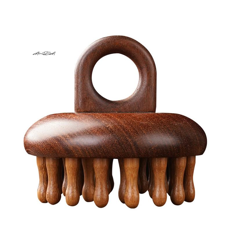Portable Multi-Functional Wood Massage Comb Circular Tooth Guasha Scalp Head Massager with Ring - Therapy & Relaxation Tool