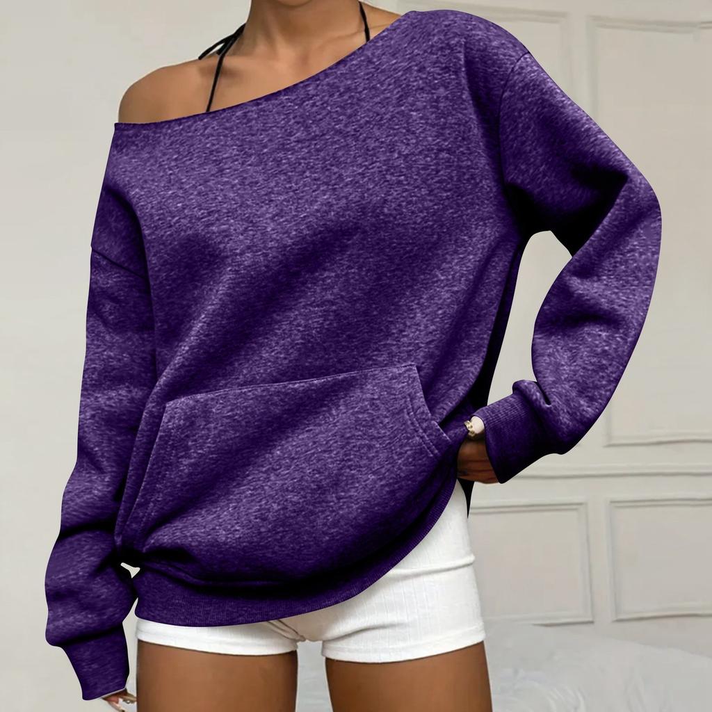 Women's Casual Fashion Solid Color Off-shoulder Long-sleeved Loose Sweatshirt With Pockets