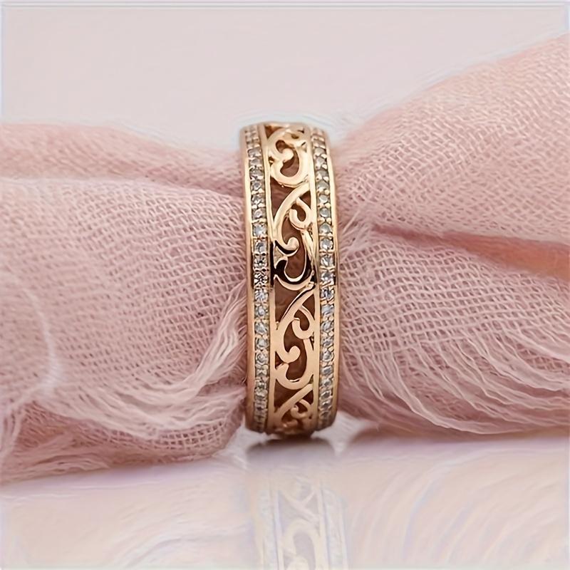 1pc, Elegant & Luxury Style, Engrave Hollow Flower Texture Wide Ring, Inlay Shiny Rhinestone Ring, Fashion Delicate Accessory For Daily Wear & Party,