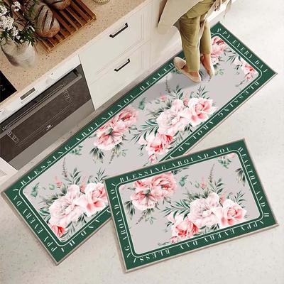 Felpudo para puerta de entrada, alfombra de cocina con estampado floral, antideslizante, para baño, alfombra lavable de 40 x 60 cm