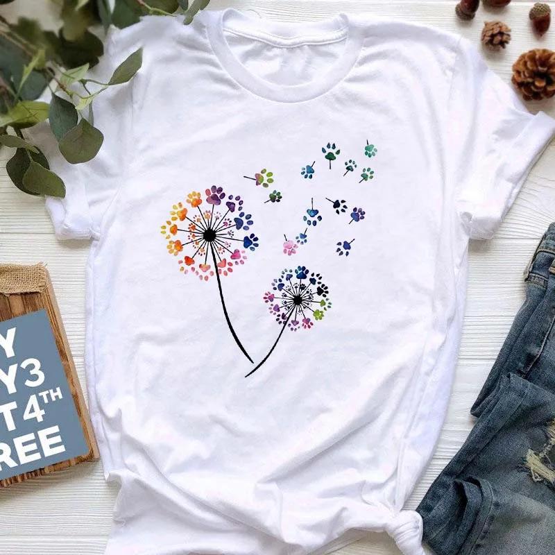 New Summer  Dandelion Butterfly Print Women Tshirt Casual White and Black T-shirt Funny T Shirt Gift for Lady Young Girl Tops
