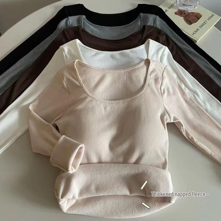 Korean Style Slim Fit Square Neck Brushed Velvet T-Shirt with Chest Pads for Autumn and Winter