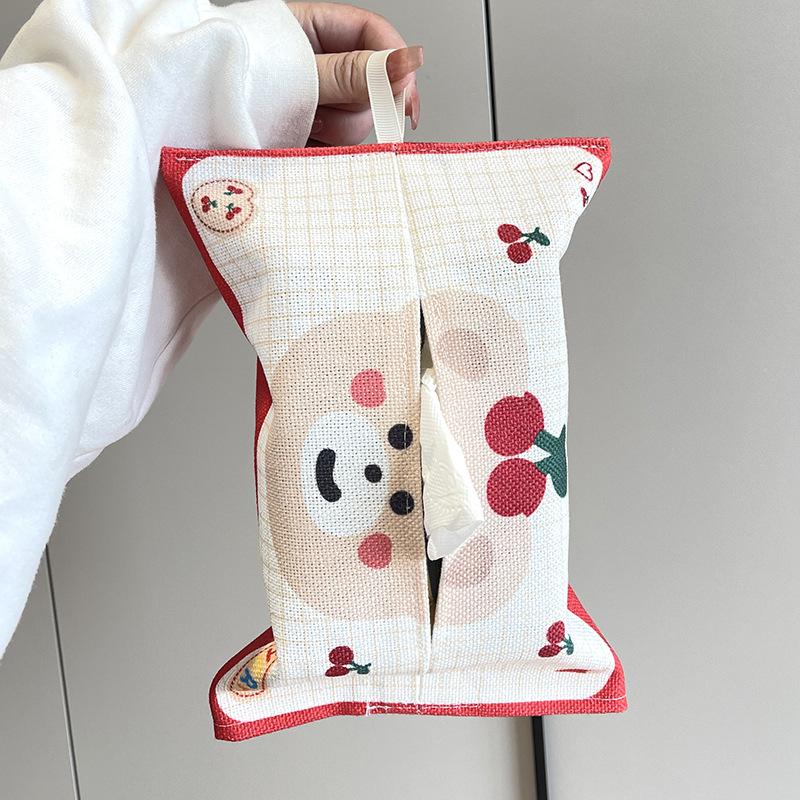 Cute Cartoon Bear Cherry Pattern Fabric Tissue Bag Hanging Linen Tissue Box Cover For Car Home And Travel Use Desktop Organizer