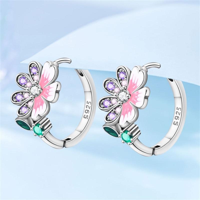 New 925 Silver Sparkling Pink Heart-Shaped Flower Women Earring Brilliant Wedding Engagement Star Earrings Jewelry Gift