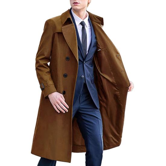 Men Windbreaker Lapel Long Sleeve Double Breasted Mid-Length Coat Solid Color Casual Business Outerwear