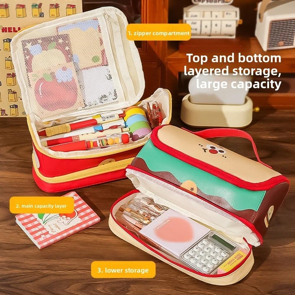 Hand-held Cartoon House Pen Bag PU Leather Waterproof Food Fruit Burger Cow PU Stationery Bag Large Capacity Sausage Dog