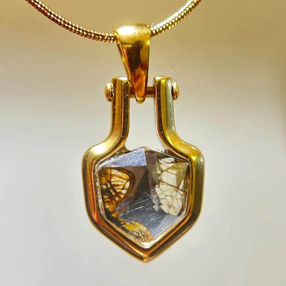 Pendant shield with inlay of meteorite Pallasite Sericho Kenya with olivine 10184 mm on chain 55 cm titanium steel gift box COA certificate