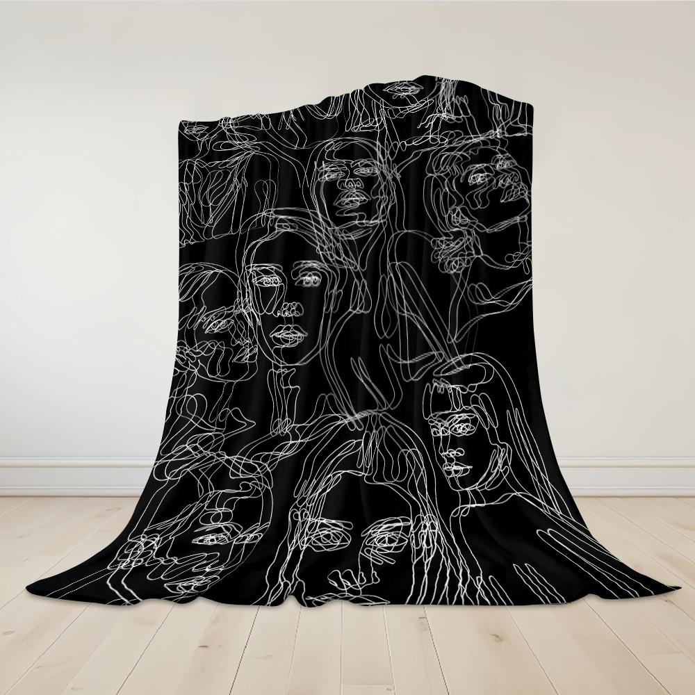 Line Art Faces Flannel Blanket Warm Soft Halloween Christmas Couch Warm Cozy Decorative Decor Gift for All Season