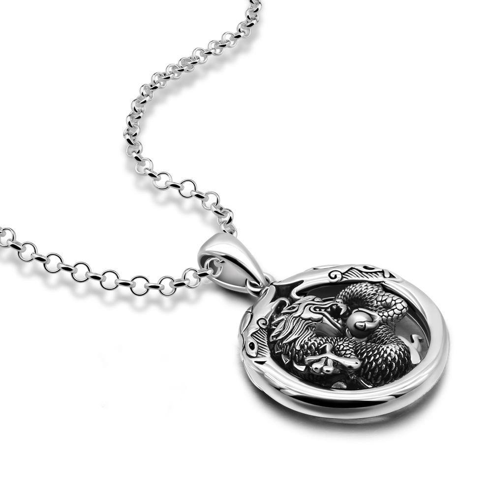 Vintage Men'S Dragon Ring Pendant Necklace Trendy Men'S Copper Electroplated Thick Rhodium Imitation Thai Silver Jewelry