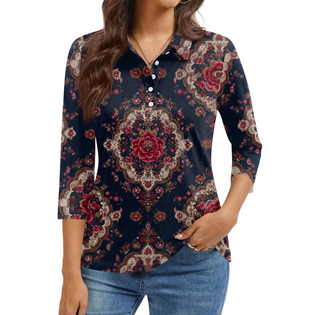 Women's Fashion Casual Lapel Short 3/4 Sleeve Print Shirt Women's Button Up Tops