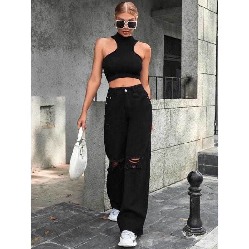 Fashion ripped high-waisted wide-leg casual jeans women's casual all-match comfortable street