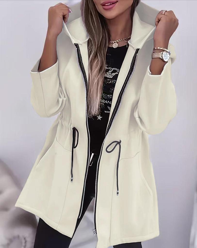 European & American Women's Fashion Zipper Hooded Mid-Length Jacket with Cinched Waist