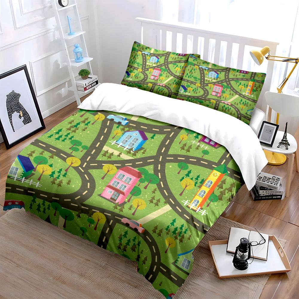 "Colorful Town Map Play Set" Kid's and Adults' Bedroom Decor, Exquisite Three-piece Bedding Set Gift