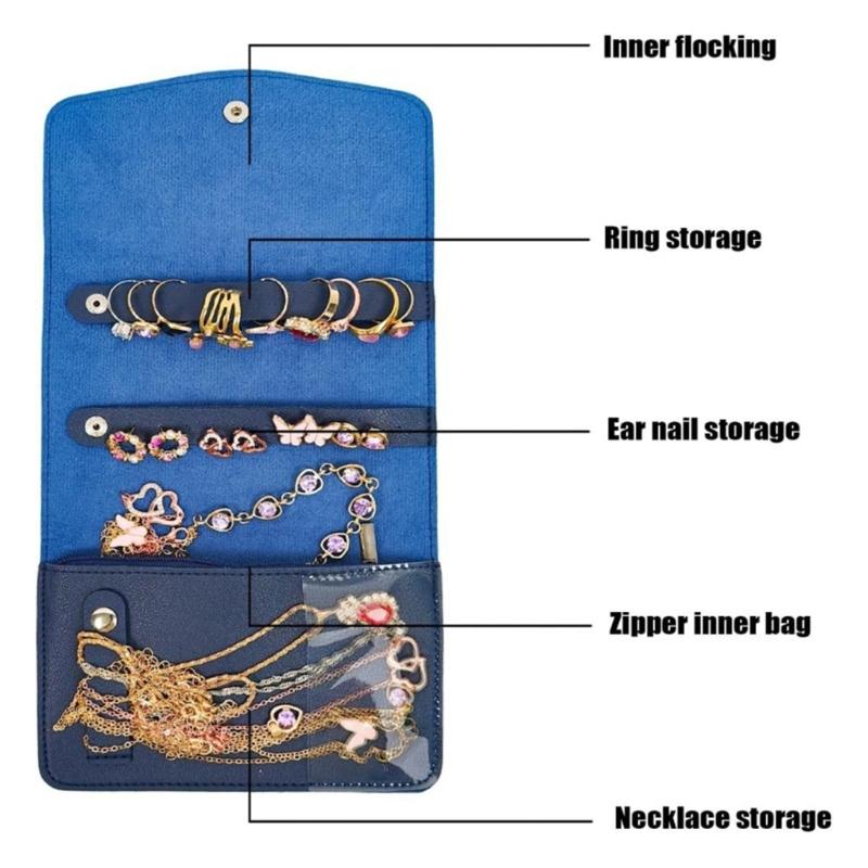 Portable Jewelry Storage Roll Up Case With Multiple Compartments To Prevent Tangling Ideal For Travel 15X13X2cm