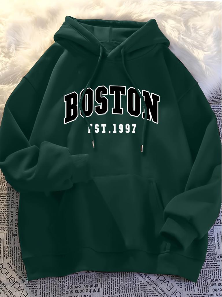Stylish Boston-inspired letter print men's hoodie, regular fit, casual long-sleeved pullover, a hot-selling men's sweatshirt.