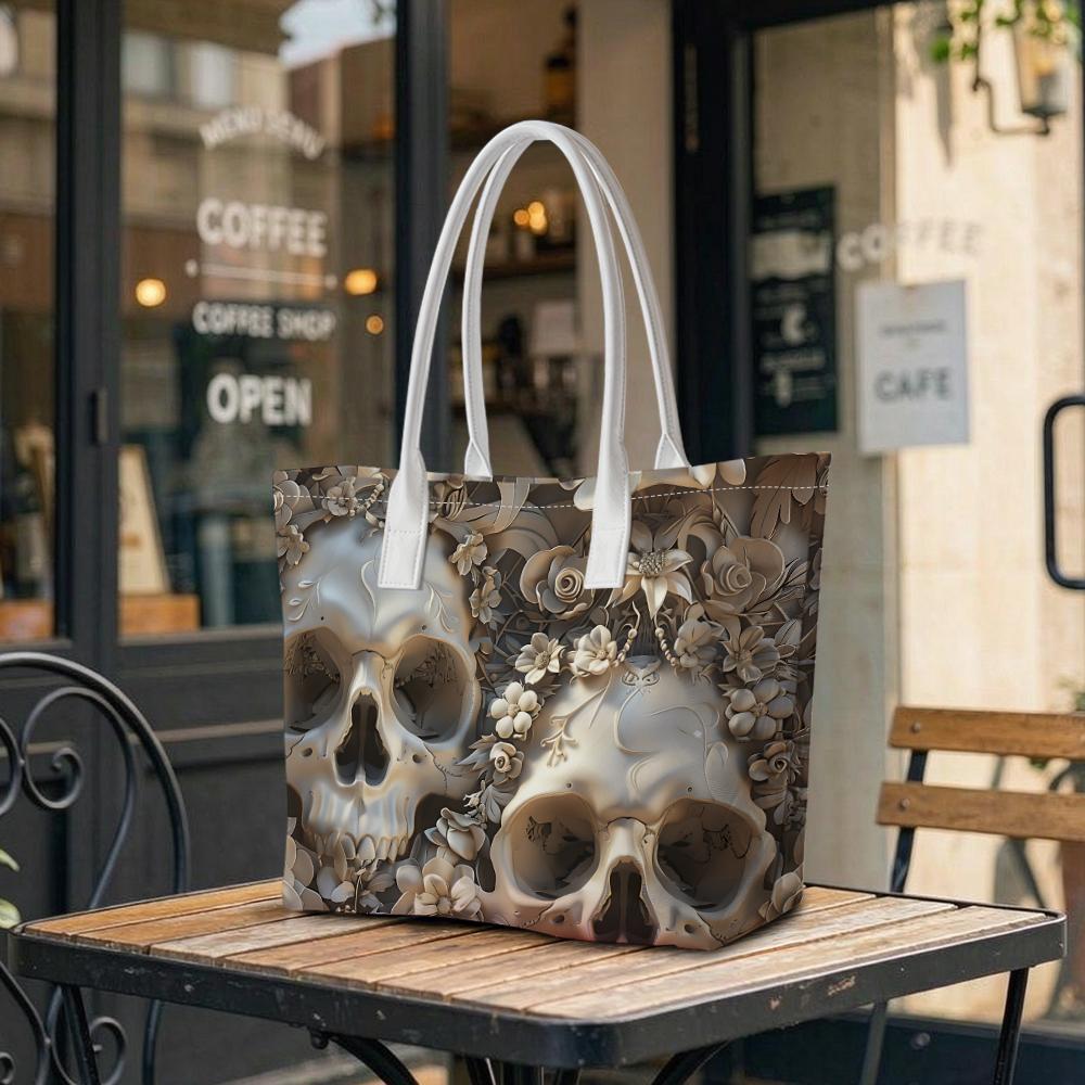Elegant Skull Floral Print Shoulder Tote Bag For Daily Casual Use