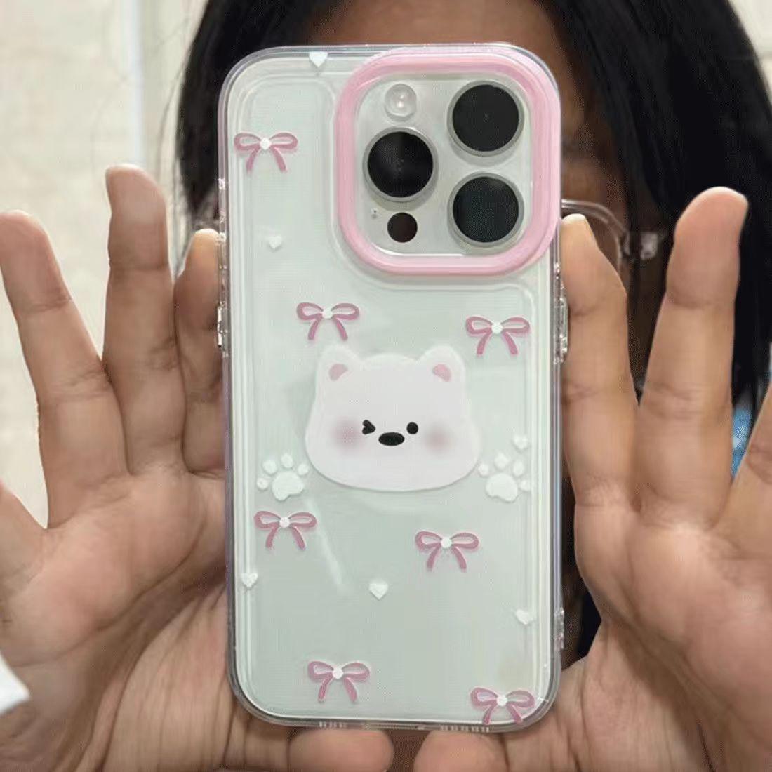 

Cartoon White Dog Soft Case with Pink Frame for iPhone 11-14 Pro Max iPhone 14 Plus