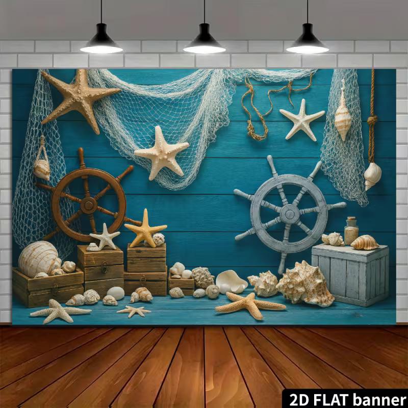 2D Nautical Starfish Seashell Backdrop - Blue Wood Wall Photography Background Banner for Summer Party