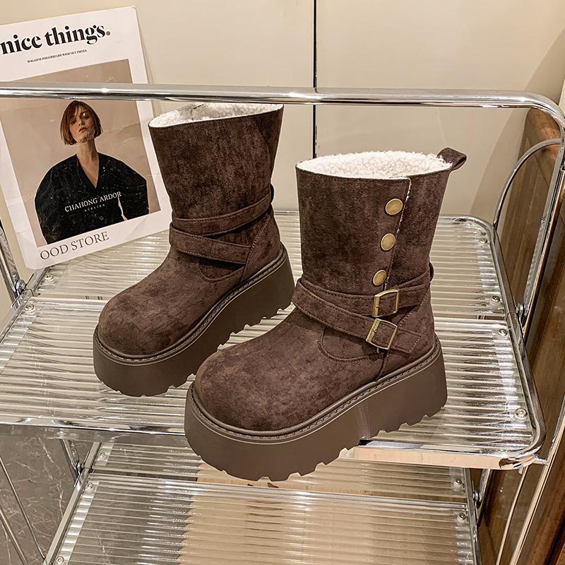 Winter Buckle Ankle Flat with Snow Boots Zip Mid Heel Shoes Female 2025 Fashion Ladies Shoes Round Toe Concise Women's Boots