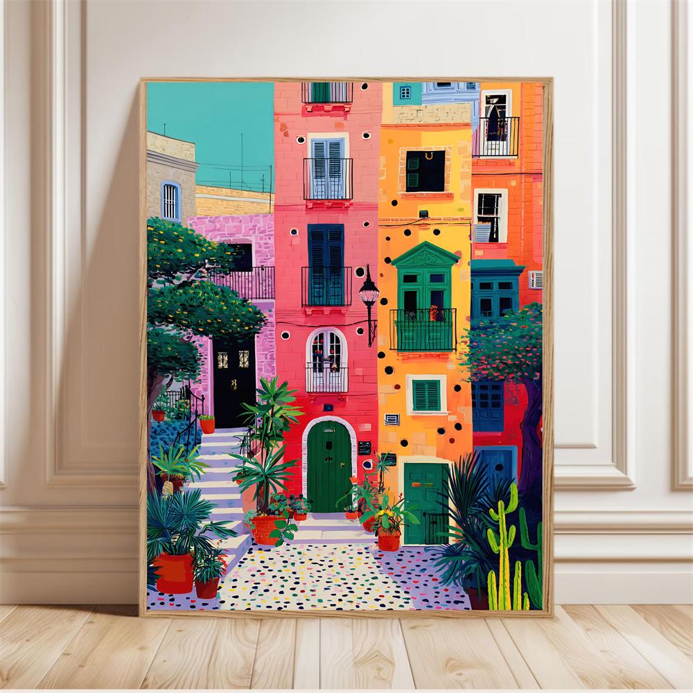 Colorful Cityscape Print Vibrant Boho Statement Art Illustration Poster Coastal Town Folk Art Print Tropical Ocean Landscape Art 21X30CMNo Framed