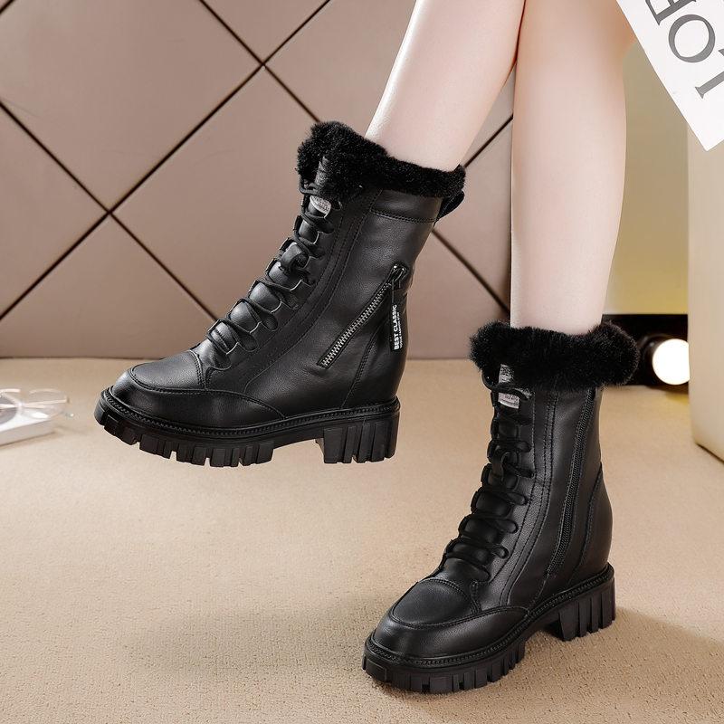 Inner heightening snow boots women's thick-soled casual medium boots fleece thermal cotton boots