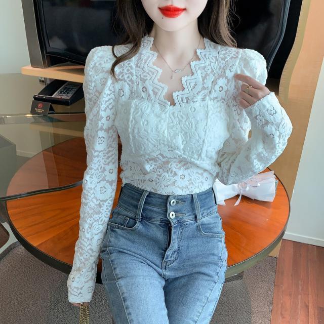 Pink Lace Base Layer Brushed Puff Sleeve Spring Autumn Elegant Base Layer French Lace Inner Wear