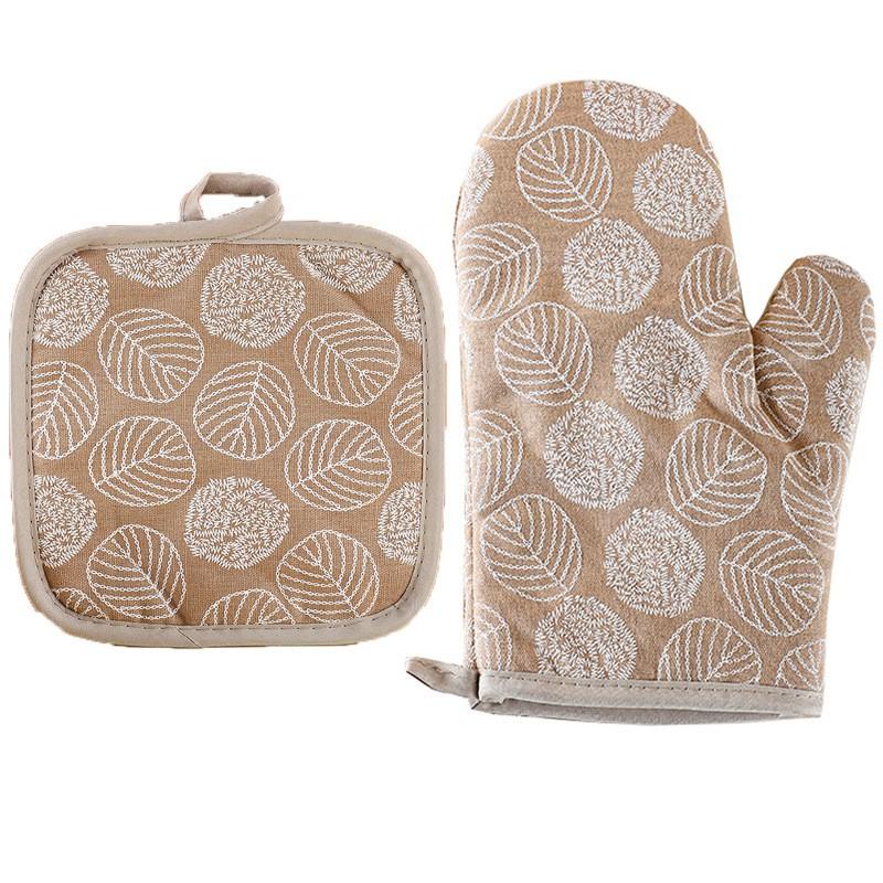 Heat Resistant Oven Gloves With Insulated Pad Set Baking Microwave Kitchen Use Cotton Linen Blend Modern Geometric Design