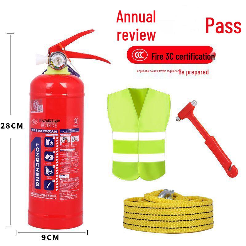 1kg Trockenpulver Handfeuerlöscher mit Feuerwarnschild und Jahresinspektionsset für Fahrzeuggebrauch