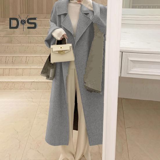 Sobretudo de inverno feminino com cinto, gola virada para baixo, bolsos, cardigan de cor pura, casaco de comprimento médio, mangas compridas, térmico, para deslocamento, namoro, casaco de inverno