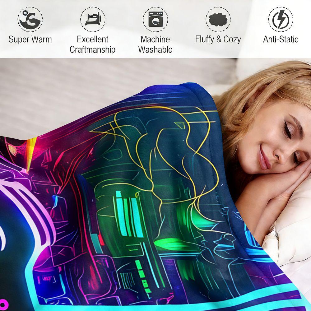 Cyberpunk Neon Gaming Controller Flannel Fleece Blanket, Digital Portal Gamer Throw, Electric Blue Matte Black Print Blanket for