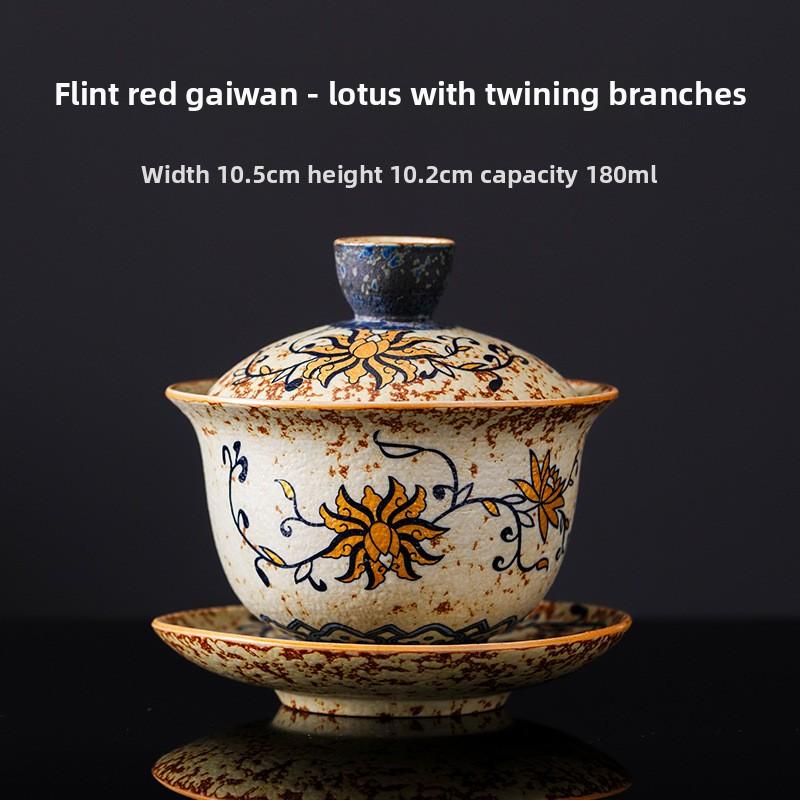 Blue and White Flint Red Lidded Tea Bowl, Ceramic Home/Office Tea Set, Personal Tea Drinking Gongfu Teaware with Hovering Lid.