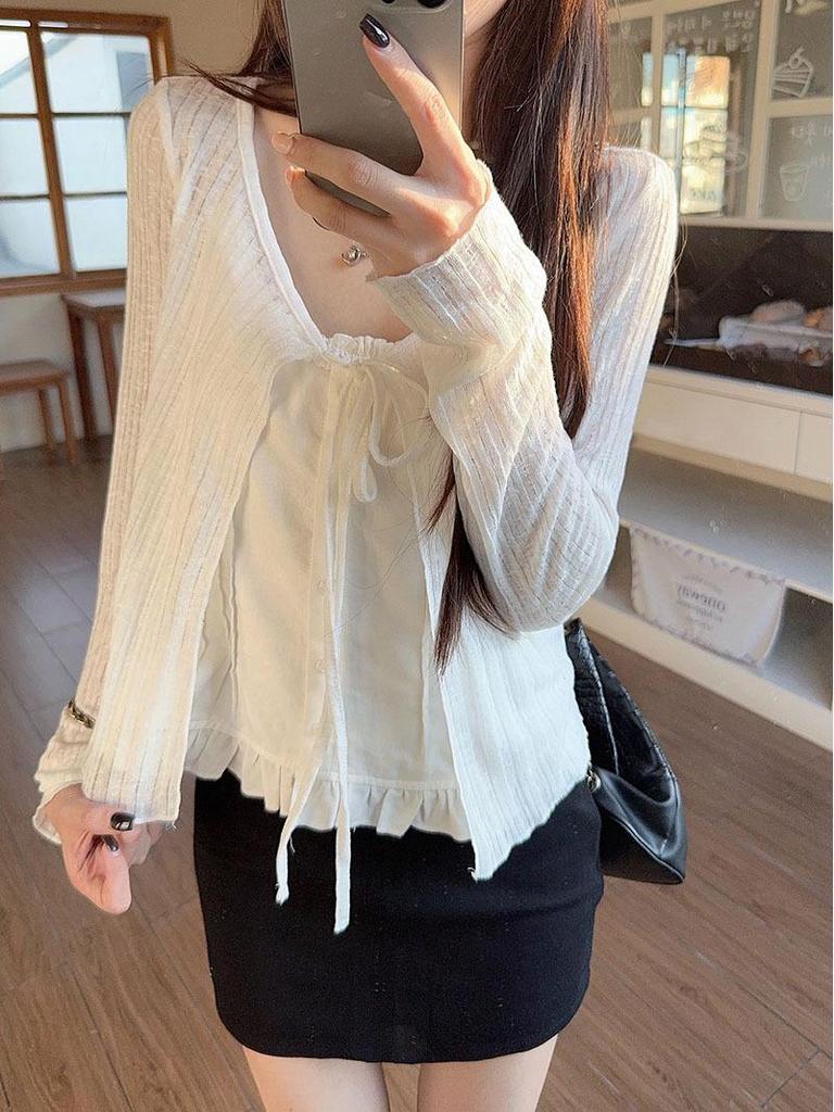 Women's Lace-Up Lace Sun Protection Cardigan - Summer Loose Fit, Long-Sleeve, Short Outerwear