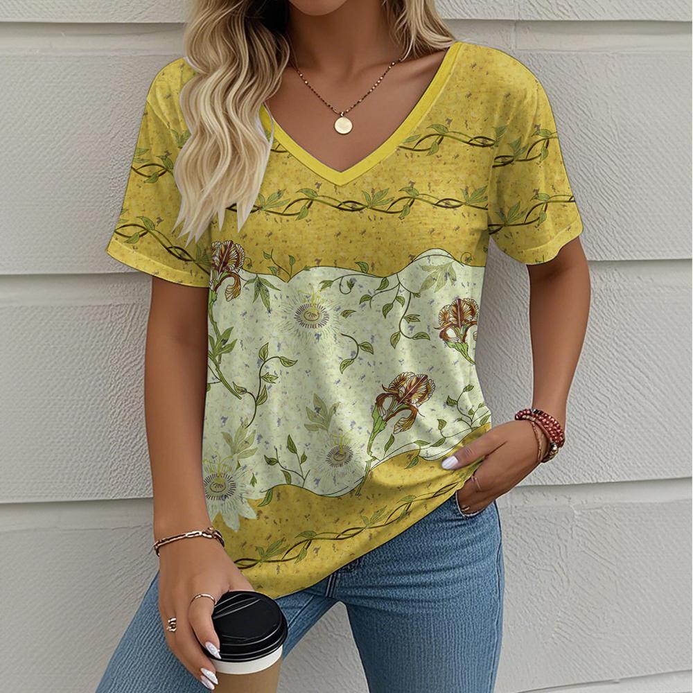 Damska Koszulka Kwiatowy Wzór Outdoor Retro Moda Codzienna Oversize Dekolt V Y2k Krótki Rękaw Letnia Odzież Damska