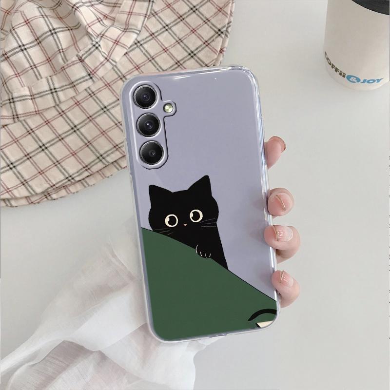 Husă din silicon cu pisică neagră drăguță, moale, transparentă, pentru Xiaomi Redmi Note 13 14T 15 Samsung A55 A35 S24 iPhone 15 Huawei Honor Camera de protecție antișoc