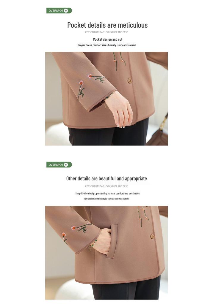 Elegant Embroidered Wool Coat for Middle-aged Women – Short Spring & Autumn Style