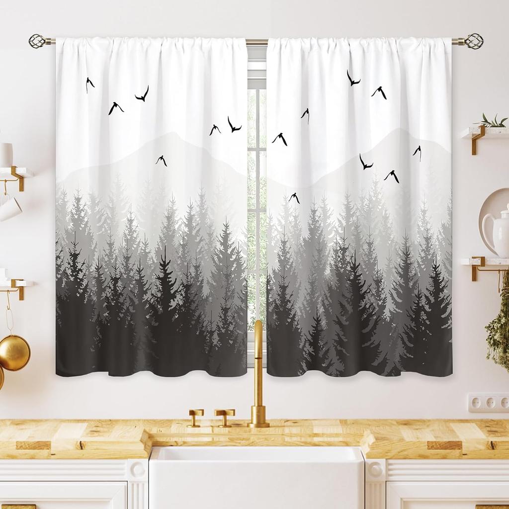 Grüne neblige Waldfenstergardinen Natur Kiefernwald Berglandschaft Vogelgardinenschals Aus Polyester Mit Stangentasche Waschbar