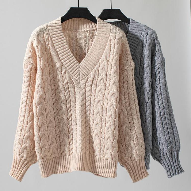 Vintage V-Neck Knitwear Sweater Loose Long Sleeve Pullover Solid Color Top Autumn Winter