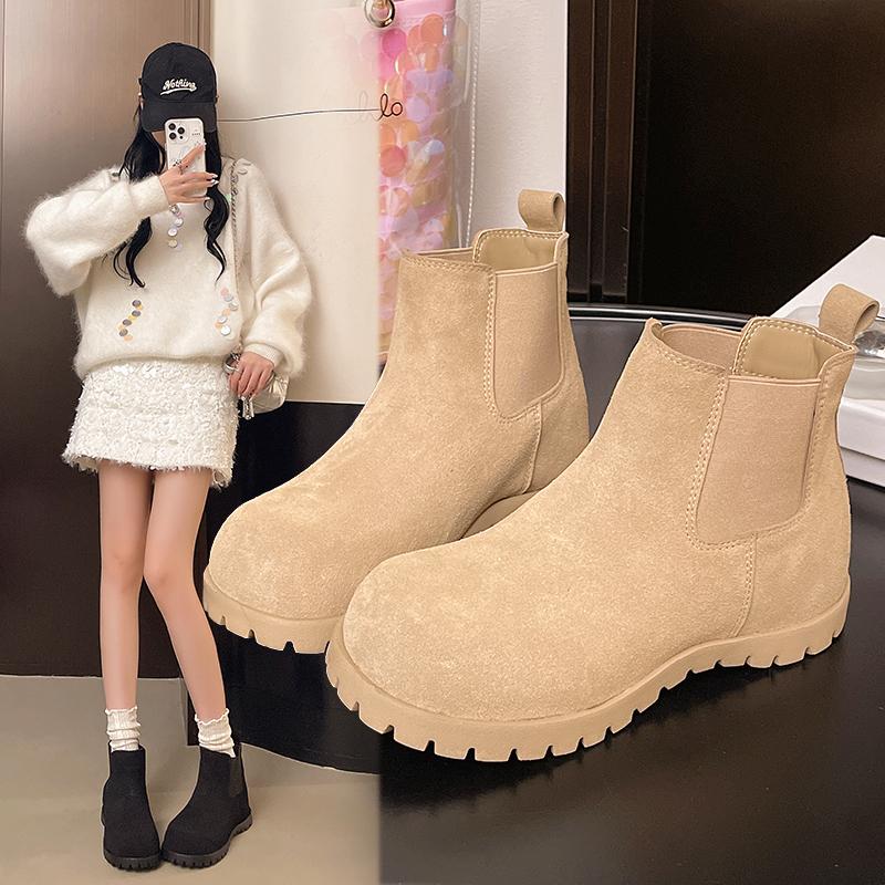 Meotina Women Genuine Leather Ankle Boots Round Toe Height Increasing Mid Heels Chelsea Short Boots Ladies Shoes Autumn Winter
