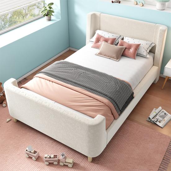 Upholstered Bed. Children Bed, Single Bed with Universe Pattern, 90 x 200cm, for Boys & Girls, Beige, Velvet (without