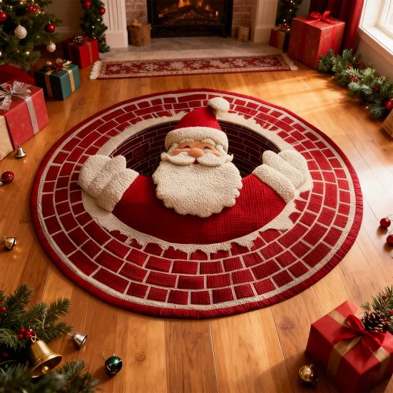 3D Christmas Rug Santa Claus Gnome Quilted Round Floor Mat Optical Illusion Depth Pattern Decorative Area Rug for Living Room Bedroom