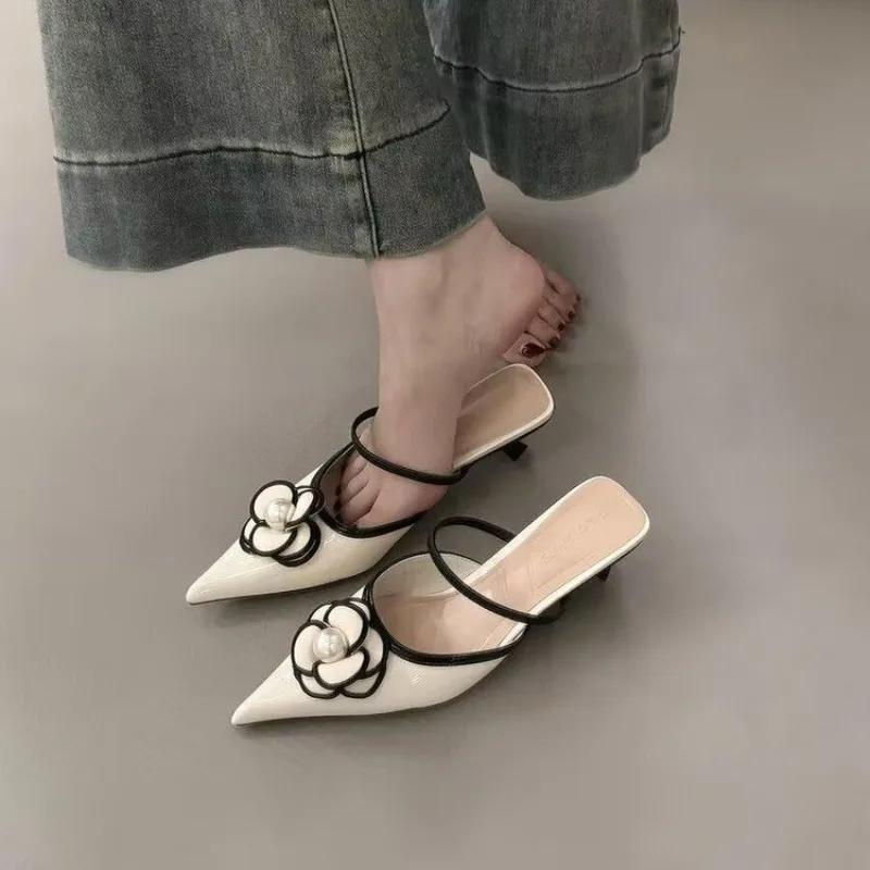 Luxury Pointed Toe Heels Designer Flower Sandals Female Elegant Fashion Shallow Mule Slippers Shoes Women's Sandals Summer 2025