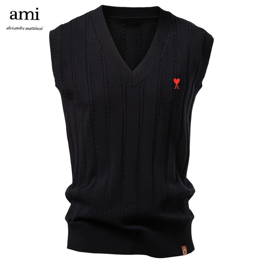 AMI Embroidery Autumn/Winter 2025 European Size V-neck Fried Dough Twists Sweater Vest for Men's Business Sweater Waistcoat