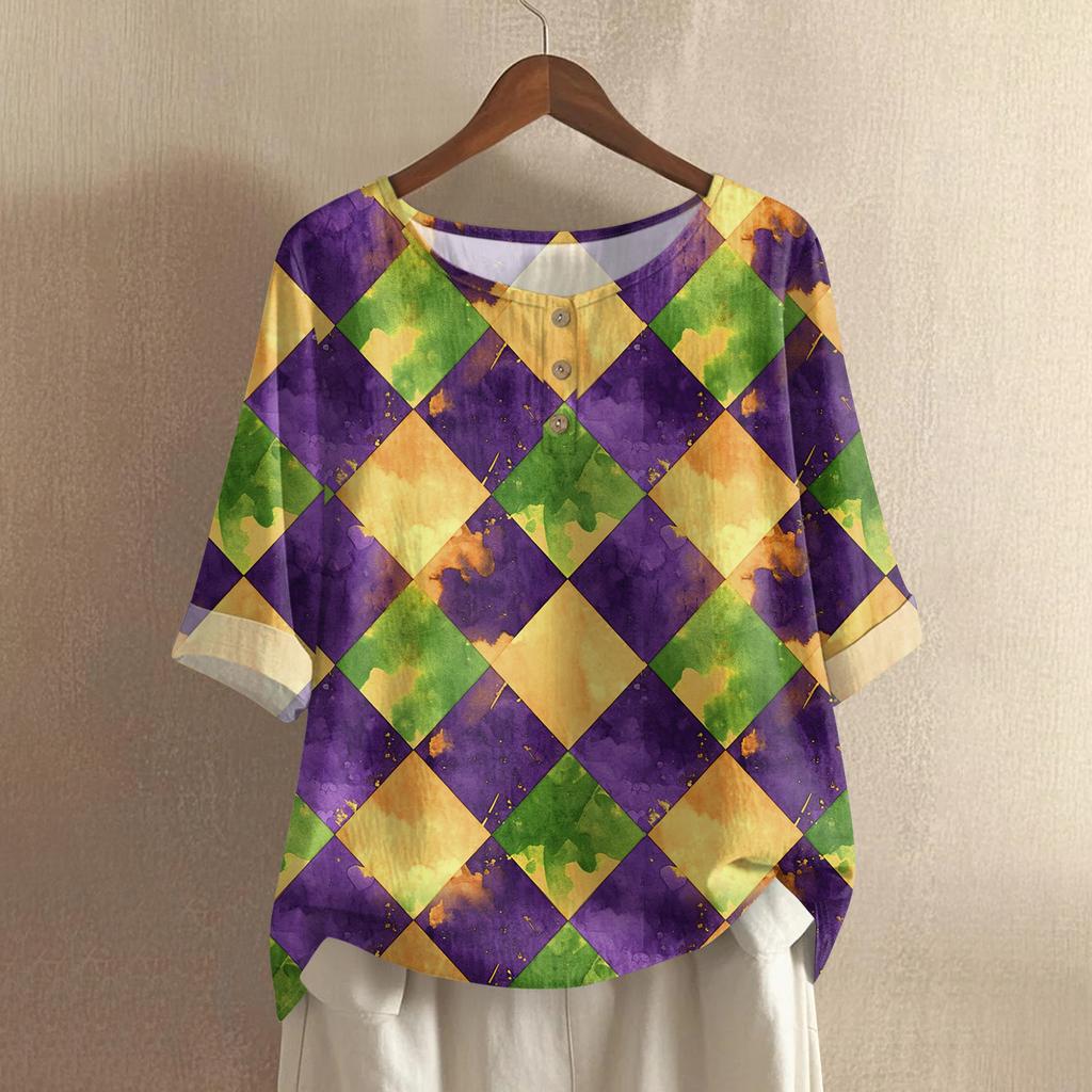 Women's Casual And Comfortable Mid-Length Round-Neck Fashion Print Cotton-Linen Top