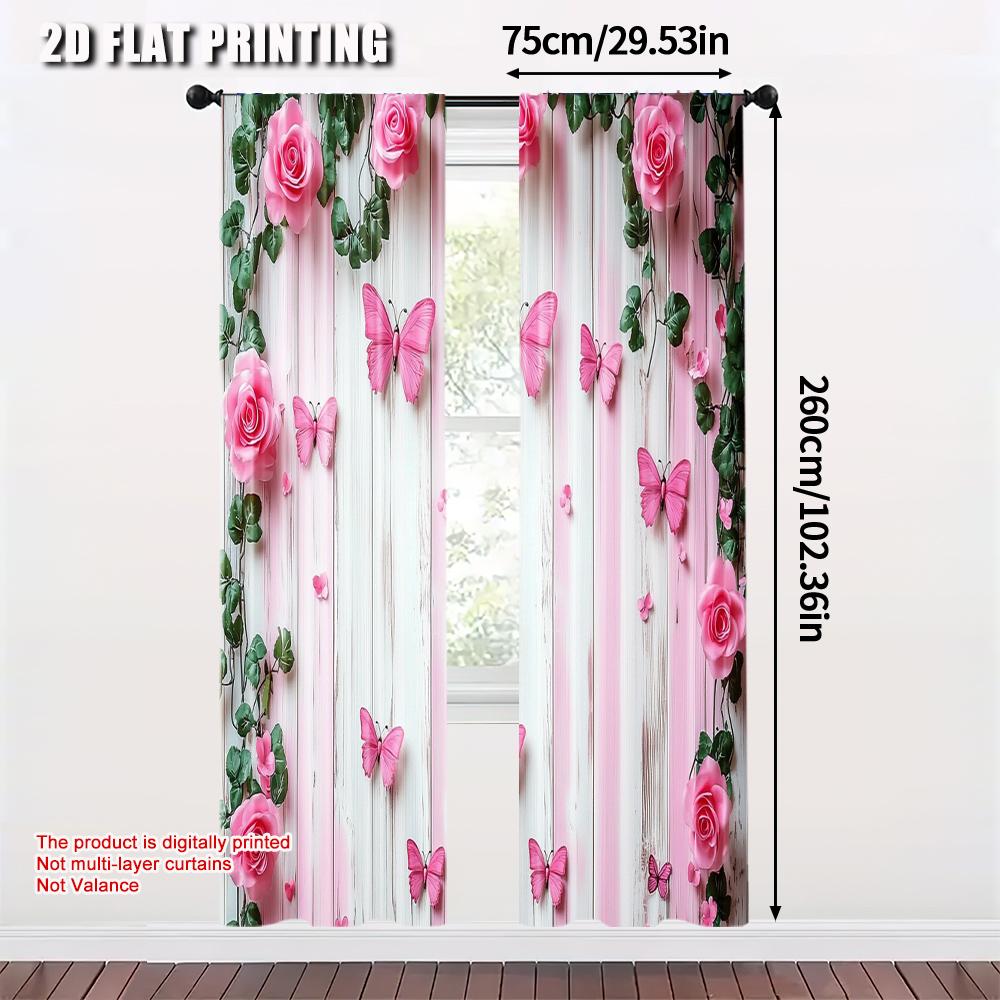 2pcs   Light Filtering Curtains 2D plane printing Garden Butterfly Print Machine Washable Fabric (without rod) Outdoor