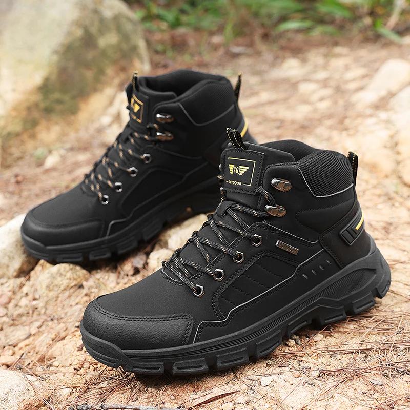 Fashion High-Top Leather Men's Boots Breathable Desert Combat Boots Outdoor Non-slip Hiking Shoes Men Motorcycle Shoes Work Ankle Boots