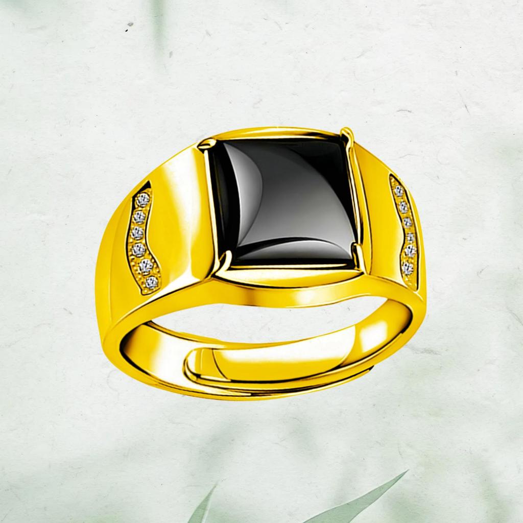 Men's Adjustable Black Agate Square Ring with Black Diamond - Korean Style and Smooth Finish