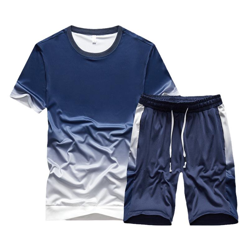 Men's Gradient Round Neck Short Sleeve T-shirt and Summer Shorts Casual Set.