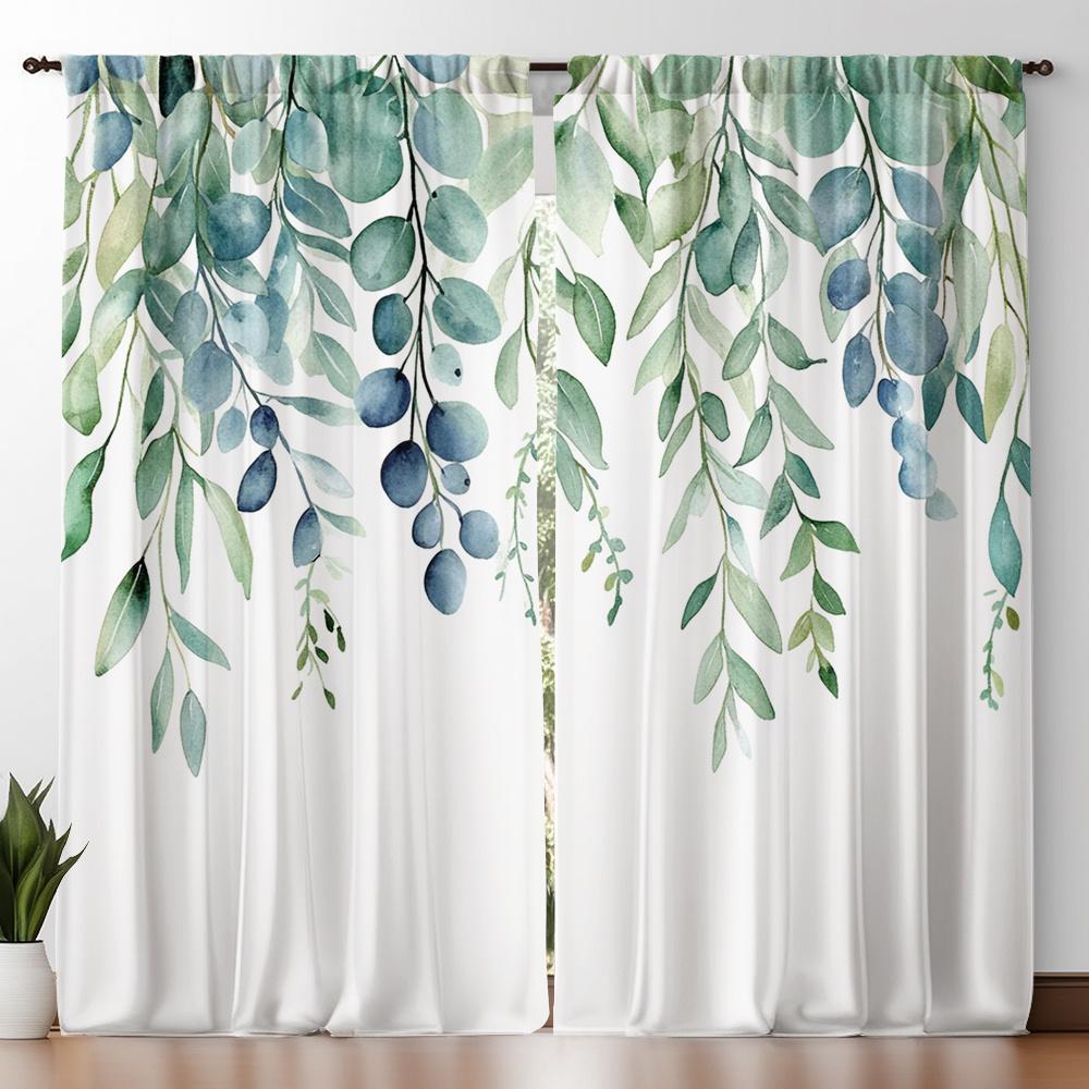 Fresh Watercolor Eucalyptus Leaf Curtains Set of 2 – Soft Green & Blue Botanical Print, Rod Pocket Light Filtering Drapes 60×150