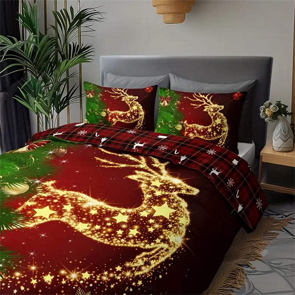 3pcs Christmas Bedding Set - Soft & Breathable Polyester, Includes 1 Duvet Cover and 2 Pillowcases with Festive Golden Star