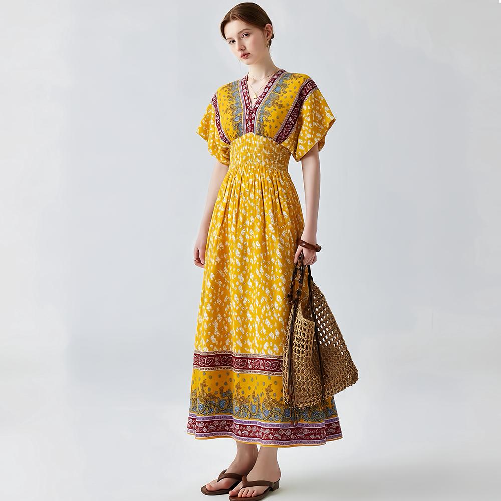 Bohemian-Style Cotton-Silk V-Neck Batwing Print Dress Summer Casual Vacation Beach Dress